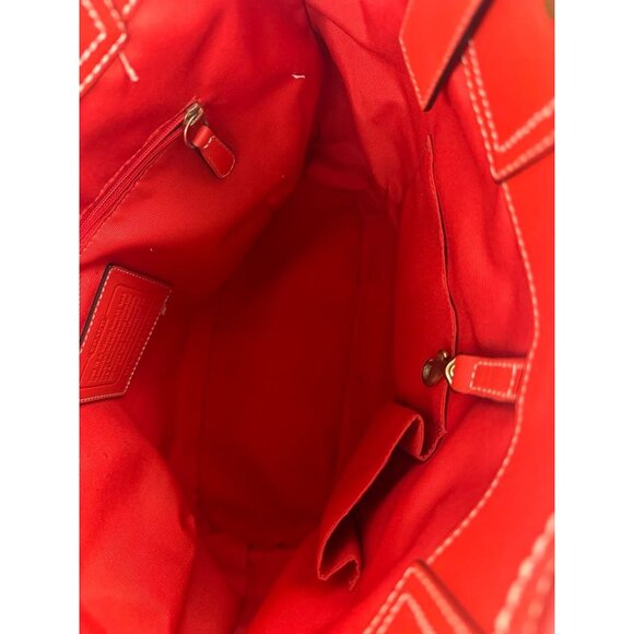 COACH Bleecker NATURAL STRAW VERMILLION RED LG LEATHER FLORAL Tote Bag 2008 EUC - Picture 9 of 12